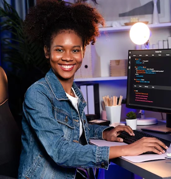 Smiling girl pressing laptop